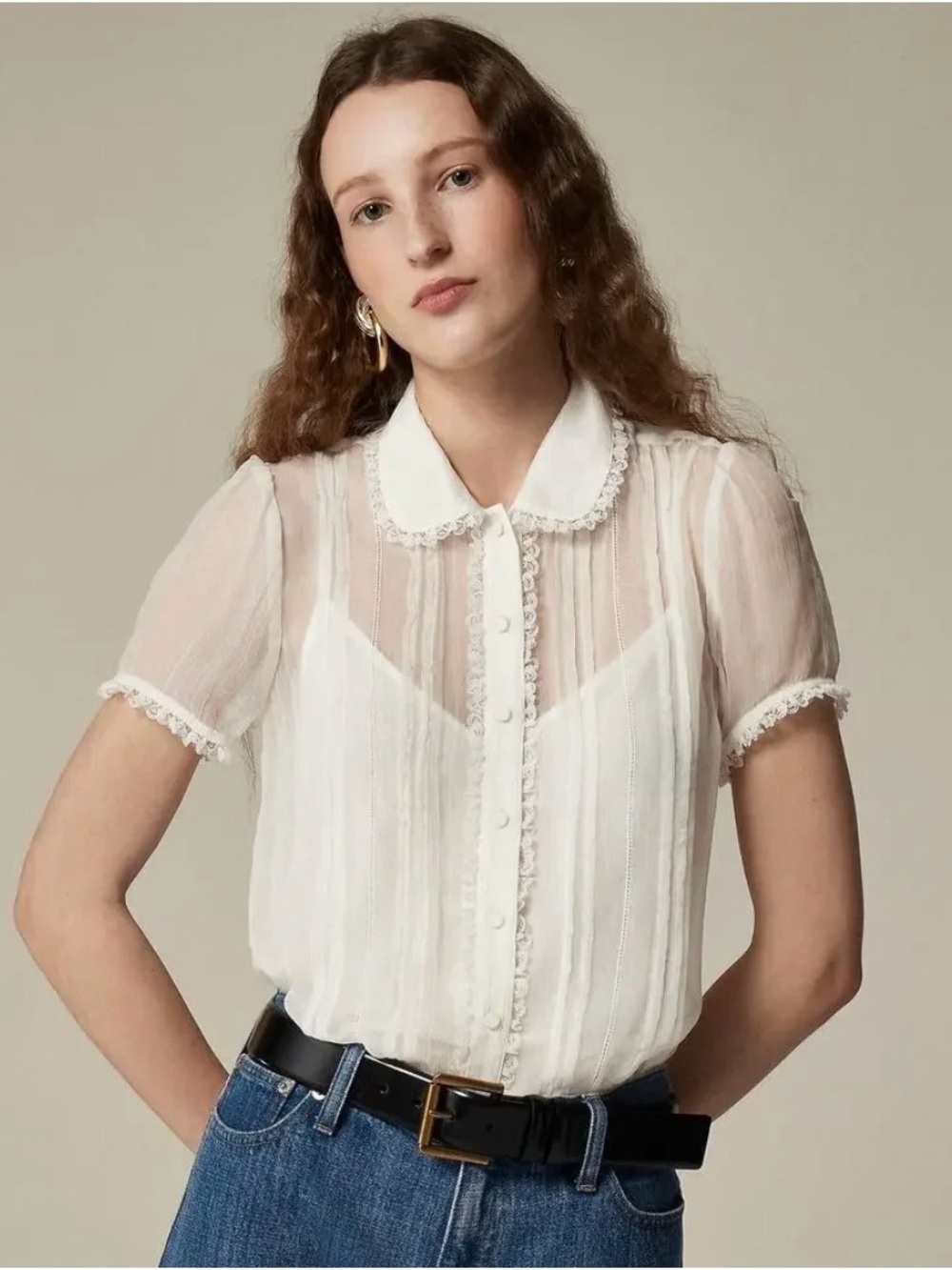 J. Crew Sheer White Lace-Trim Button-Up Blouse